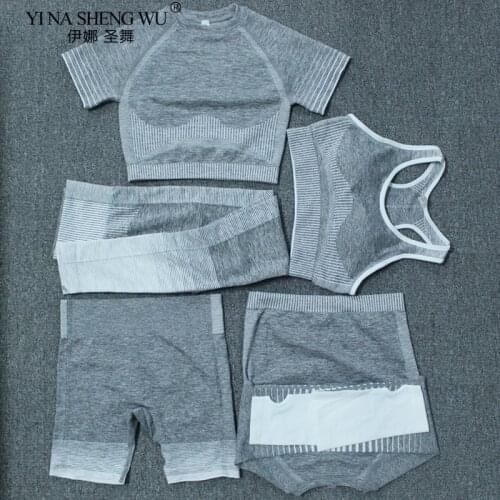 5PCS Seamless Women Yoga Set Workout Sportswear Gym Pants Clothing Fitness Long Sleeve Crop Top High Waist Leggings Sports Suits