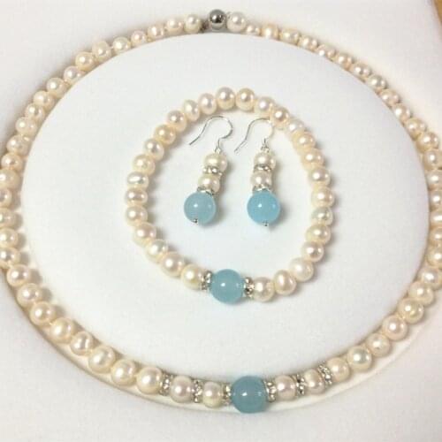 Wholesale fashion style 8-9mm white freshwater cultured pearl nearround beads necklace bracelet earring set 18inchMY5222