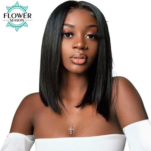Bob Wig Lace Front Human Hair Wigs Short Straight 13x4 Lace Frontal Wig 130% Glueless Natural Color For Black Women FlowerSeason