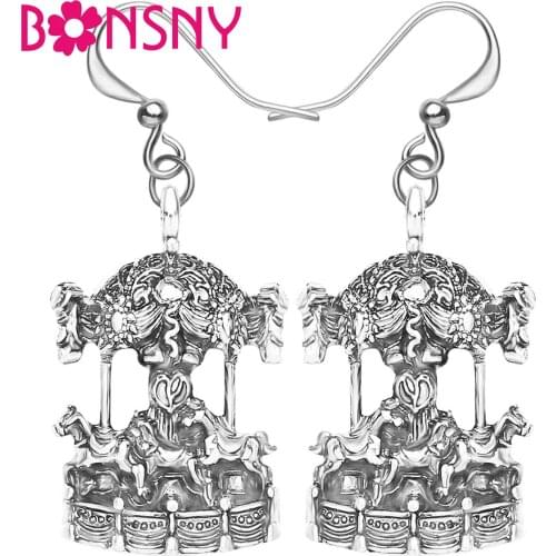 Bonsny Plated Alloy Antique Gold Carrousel Horse Earrings Big Cute Animal Drop Dangle Jewelry For Girl Kid Charm Gift Decoration