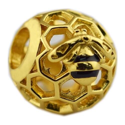 Honeybee Golden Shine Beads for Bracelets Silver 925 Original Women Jewelry Openwork Bee Spring Charm Beads for Jewelry Making