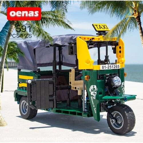 MOC City Creative High-Tech Technique Taxi Tricycle Motorcycle Motorbike Model Building Blocks Set Kids Toys Boys Birthday Gift