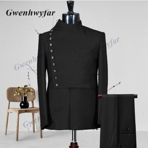 Gwenhwyfar 2021 New African Wedding Party Groomsmen Tuxedos Party Suits 2 Piece Black Blazer+Pant Elegant Neck Buttoned Design
