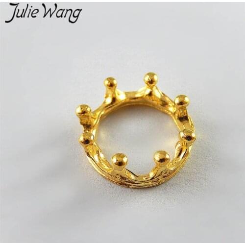Julie Wang 10pcs Gold Crown Ring Circular Charms For Necklace Pendants Findings Jewelry Making Accessory Suspension Hanging