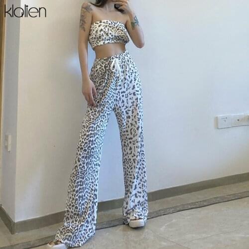 KLALIEN fashion sexy Strapless top and trouser two piece set women summer print hole high street office lady 2 piece set 2020