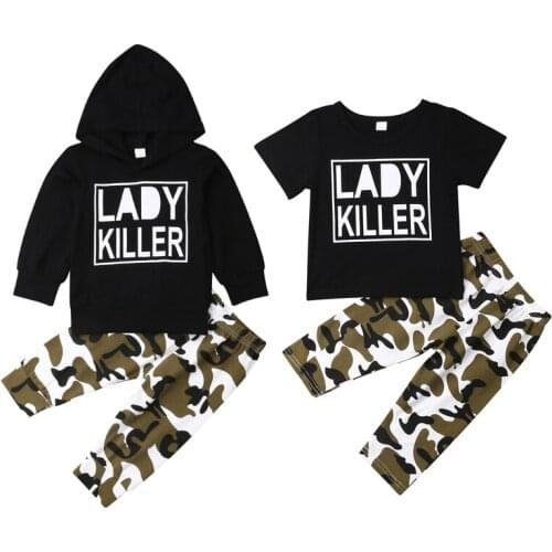 2020 Newborn Baby Boys Girls Clothes SetsLong Sleeve Letter Laddy Killer Hooded /T-Shirt Tops+ Camo Pants Outfits 2PCS Set 0-24M
