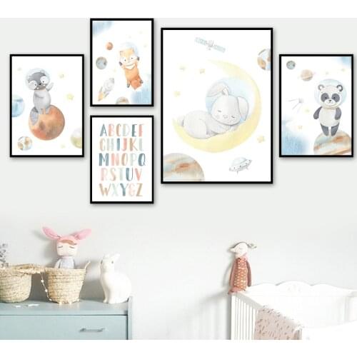 Space Astronaut Planet Fox Bunny Raccoon Panda Wall Art Print Canvas Painting Nordic Poster Wall Pictures Baby Kids Room Decor