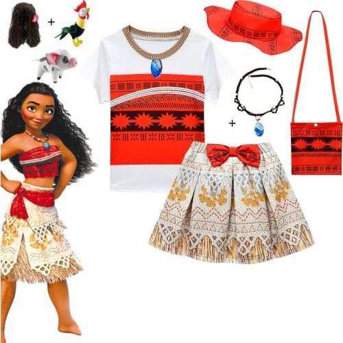 Girls Moana Cosplay Costume Kids Birthday Party Carnival Clothes Tops+skirt Outfit With Necklace Pet Pig Chick Hat Cartoon Sets