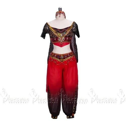 La Bayadere Nikiya Variation Temple Dancer Nutcracker Arabian Dance BT726 Oriental Ballet Costume Red Fading Chiffon Wide Pants