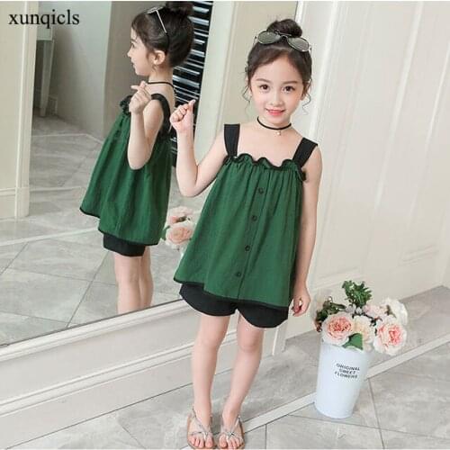 Summer Girl Clothing Sets Baby Condole Belt Tops +shorts 2 Pcs Kids Girl Outfit Sets Children Cotton Sleeveless Clothes
