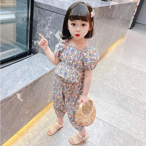 Summer Childrens Clothes Set Puff Sleeve Floral Print T-shirt + Pants Casual Cute Vacation Style Girl Clothes Set 2-6 Years Old