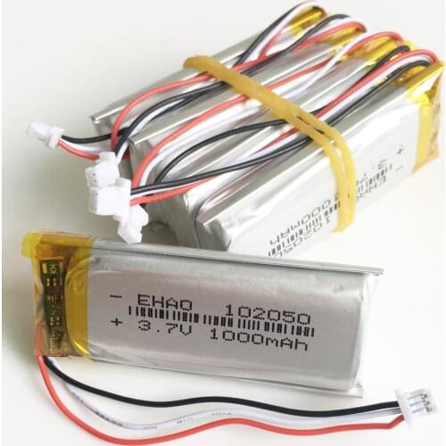 5pcs 1000mAh 3.7V lithium polymer lipo Rechargeable battery JST 1.0mm 3Pin 102050 For KTV household wired microphone GPS Camera