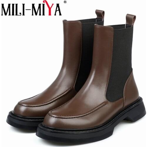 MILI-MIYA Women Genuine Cow Leather Chelsea Ankle Boots Platform Square Heels Autumn Comfy Solid Color British Style Lady Shoes