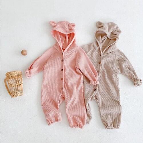 Autumn Baby Boy Girl Cute Bear Ears Romper Hooded Long Sleeves Jumpsuit Pure Color Causal Toddler Baby Clothes