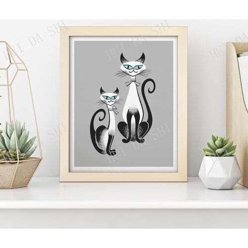 Mid Century Siamese Cats Print • Classic 1950s era siamese cat motif. We love the teal-blue eyes! 1950s Kitsch / Art Deco