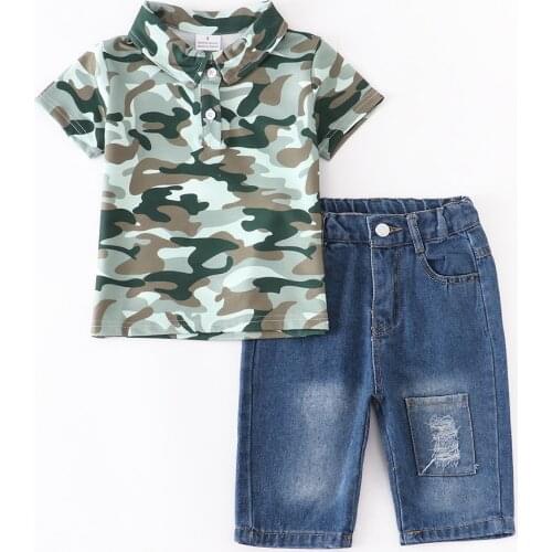 Girlymax Summer Baby Boys Cotton Children Clothes Outfits Boutique Set Camo Polo Shirt Jeans Denim Capris