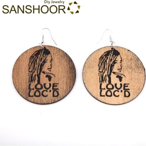 SANSHOOR Carved Afro Curly Hair Woman Wood Earrings LOVE LOC'D Blacks Ethnic Jewelry 6cm Big Diameter As Halloween Gifts 1 Pair