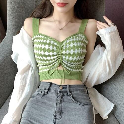 Shintimes 2020 Summer Sexy Knitted Plaid Tank Top Women Cropped T shirt Drawstring Sleeveless Crop Tops Camiseta Tirantes Mujer