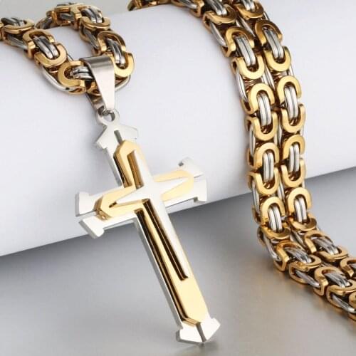 Trendy Punk Rock Knight Cross Pendants Necklace For Men Stainless Steel Chain Necklace Male Punk Necklaces Jewelry Gift