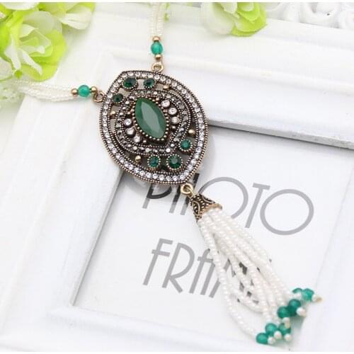 Antique Turkish Long Sweater Chain Necklace Women Resin Hollow Beaded Tassel Necklace Retro Gold Color Arabesque Ethnic Jewelry