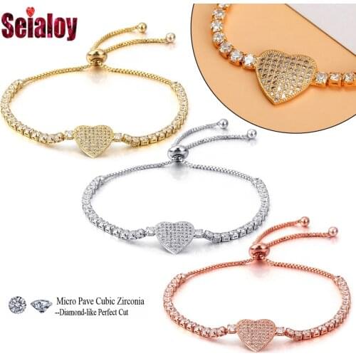 Seialoy High Quality Luxury Adjustable Length Cubic Zirconia Heart Charm Bracelets For Women Men Fine CZ Jewelry Bracelet Gift