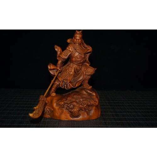 YIZHU CULTUER ART Collection China Old Boxwood Hand Carved Wealth Guan Yu Statue Family Decoration