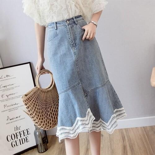 Spring Summer Women High Waist Denim Skirt Female Elegant Ruffles Midi Skirt Cowgirl Lace Mermaid Skirts 2019 New Jeans Falda