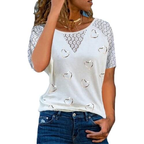 2021 Summer Womens Plue Size T-Shirt Lace Stitching Hollow Printing O Neck Short-Sleeved Ladies Casual White T-Shirt Top