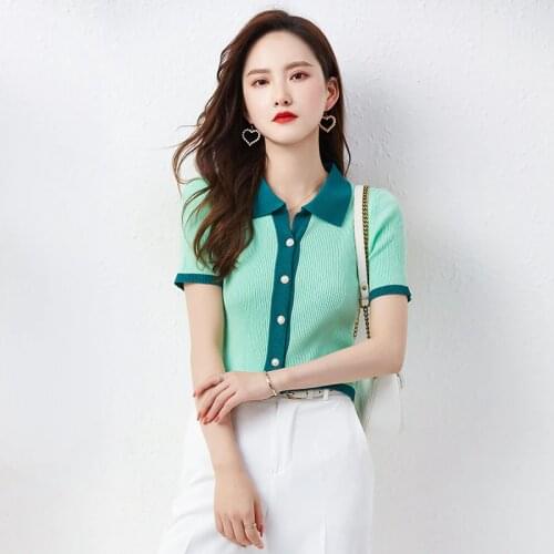 Chic 2021 New Women Summer Thin Knitted Cardian T Shirt Polo Collar Short Tops Knitwear Casual Slim Single Breasted Sweater