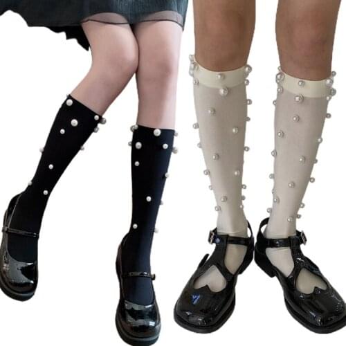 Null Japanese Style Women Lolita Knee High Long Socks Harajuku Sweet Imitaton Pearl Beaded Black White Student Summer Thin