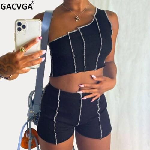 GACVGA One Shoulder Striped Sexy Shorts Suit Women Casual Crop Tops And Shorts Set Summer Sportswear Two Piece Set Pant Outfits