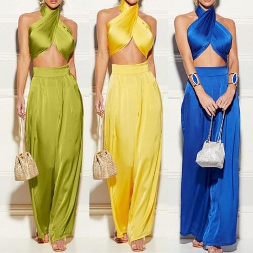 Sexy Two Piece Set Vacation Summer Outfits for Women 2021 Solid Crop Top and Loose High Waist pants Sets Elegant Ladies Clothes