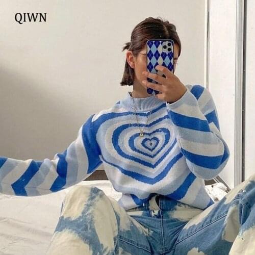 Brown Vintage Knitted Y2K Sweatshirts Women Pink Heart Print Kawaii Jumpers Crewneck Long Sleeve Winter Pullover Korean