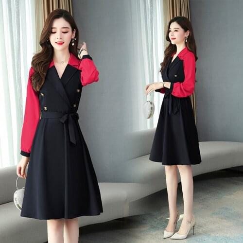 Women Business Autumn Dress Long Red Black Patchwork Party Office Ladies Work Wear Belt Loose Slim Casual A-Line Dresses Clothes