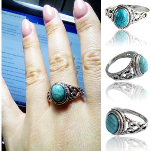 Women Retro Vintage Antique Natural Stone Blue turquoises Finger Ring Band Fashion Party Jewelry Gift