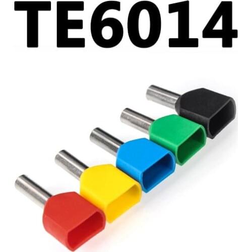100pcs TE6014 2 X 10 AWG Yellow Twin & Dual Entry Wire & Bootlace Ferrules For 2 X 6.0mm2, 14.0mm Pin Length