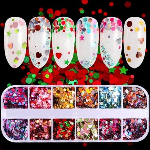 12 Grids/Set High Quality Mix Colors 3 Sizes Mix Round Star Heart Glitter Holographic Sequin Nail Art Paillette Decals DIY CT17
