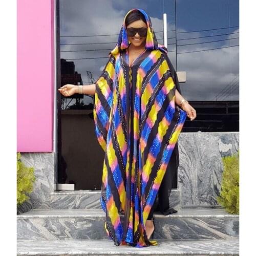 2 Piece African Dresses Dashiki Rainbow Printed Abaya Kaftan Hijab Dress Muslim Chiffon Stripes Loose CloakKaftan Robe Fashion