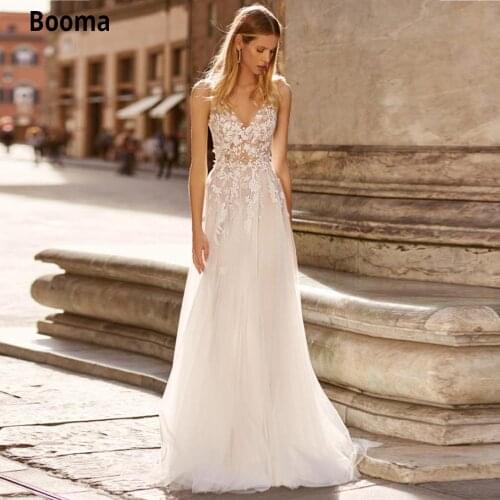 2020 Simple Boho Wedding Dresses V Neck Backless Country Lace Tulle Wedding Gown Custom Made Sweep Train Beach Bridal Party Gown