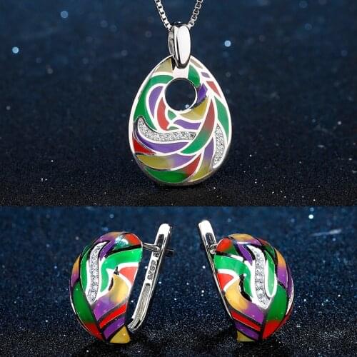 2021 Fashion Jewelry Sets for Women Necklace & Earrings 925 Silver Colorful Rainbow Feather Clear CZ Pendant Enamel DIY Gifts