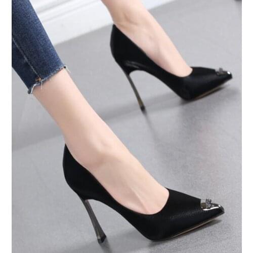 Carpaton Woman High Heel Shoes Pointed Toe Crystal Embellished Party Wedding Heels Shallow Thin Heels pumps Black Blue Beige