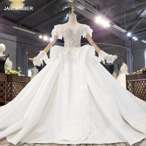 HTL1617 Simple white Deep V-Neck Full Of Glittering Sequins With Bubble Short Sleeves Wedding Dresses 2020 abiti da sposa