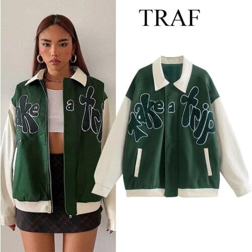 TRAF ZA Womens Autumn Jacket Fashion Patchwork Pu Leather Green Jackets Woman Clothes Long Sleeve Chic Elegant Coat Street Wear
