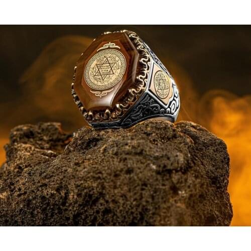 Solid 925 Sterling Silver Seal Of Solomon On Amber Gemstone Mens Ring Exclusive Jewelry Accessory For Mens Ring Masterwork