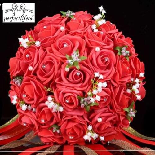Perfectlifeoh Wedding Bridesmaid Rose Pearls Artificial Flowers Bridal Bouquets Handmade Wedding Bouquets