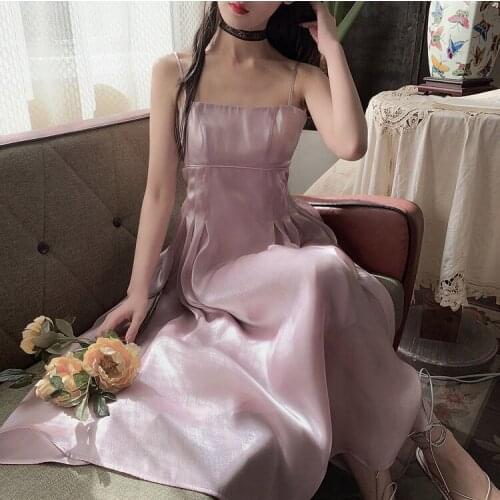 White high waist suspender DRESS 2021 spring fairy female mid-length DRESS Silk Ruffles Spaghetti Strap