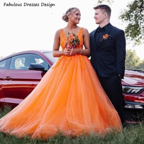 Princess Orange A Line Bridesmaid Dresses Long Applique Lace Beads Tulle V-neck Women Wedding Party Dress Maid Of Honor