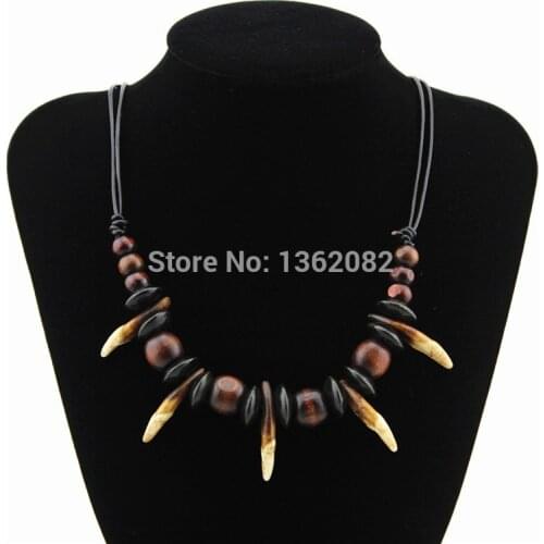 Tribal Natural Fangs Wolf Tooth Pendant Genuine Leather Chain Beaded Surfer Necklace Choker Mens Womens Amulet Jewellery MN509