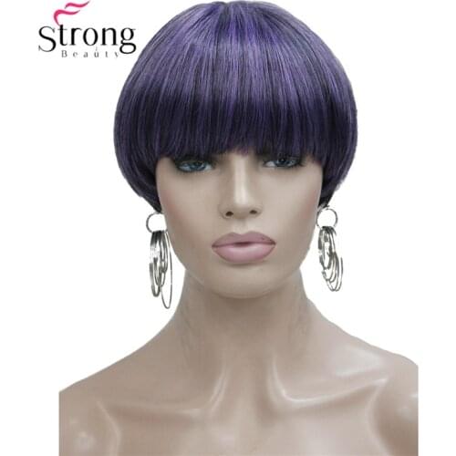 StrongBeauty Short Straight Purple Highlighted Bob with Bangs Synthetic Wig COLOUR CHOICES