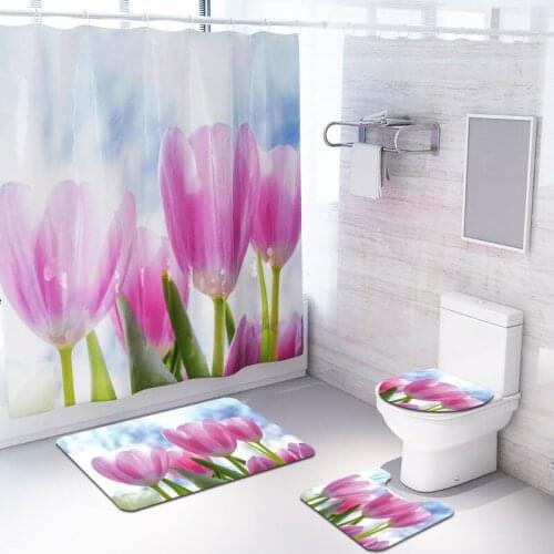 Tulip Fabric Shower Curtain Pink Flowers Bath Mats Sets Spring View Bathroom Curtains Set Pedestal Floor Mat Non-slip Rug Carpet